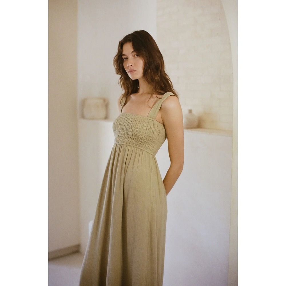 A.ren Emmeline Womens Cotton Gauze Smocked Wide Leg Jumpsuit Olive L Neutral